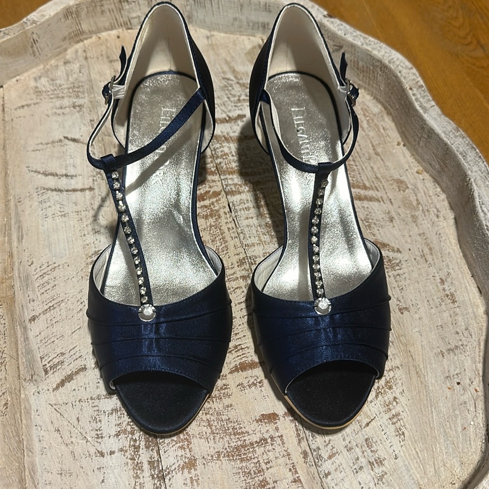 Elegant Park Size 8 Rhinestone Peep Toe Heels Navy Blue